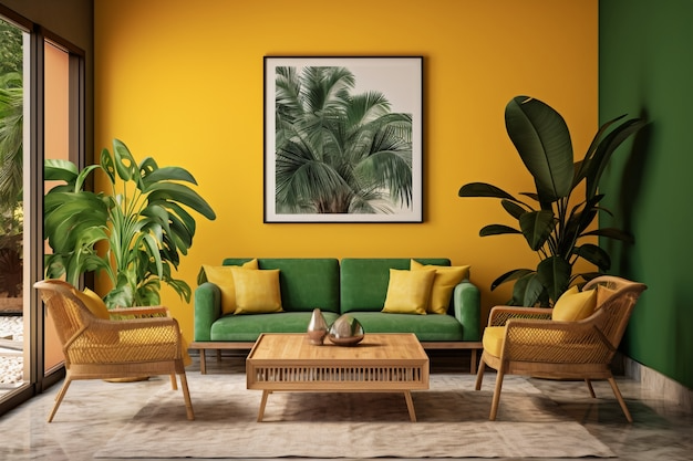 Яркая гостиная с зеленым велюровым диваном, тропическими растениями, плетеными стульями и деревянным журнальным столиком на фоне желтого и