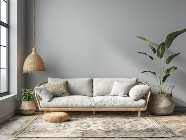 Современная гостиная с диваном нейтрального серого цвета, окруженная природными элементами, такими как растения и тканый декор.