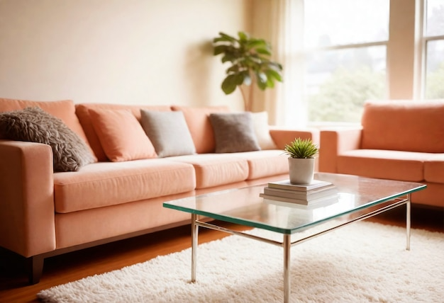 Уютная гостиная с розовым бархатным диваном, стеклянным журнальным столиком и естественным светом из больших окон.