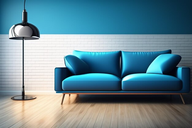 Современный ярко-синий диван у стильной двухцветной стены, а рядом с ним изящный торшер.