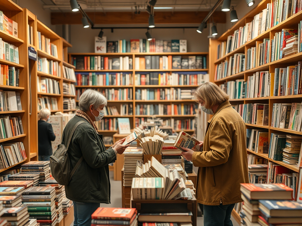 Два человека в масках читают книги в уютном книжном магазине среди полок, заполненных литерацией.