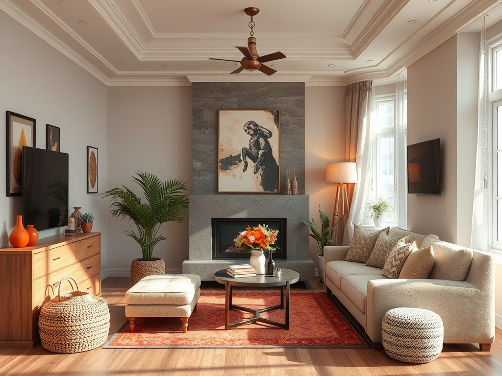 Современный уютный салон с камином, яркими акцентами и стильной мебелью, освещённый мягким светом.