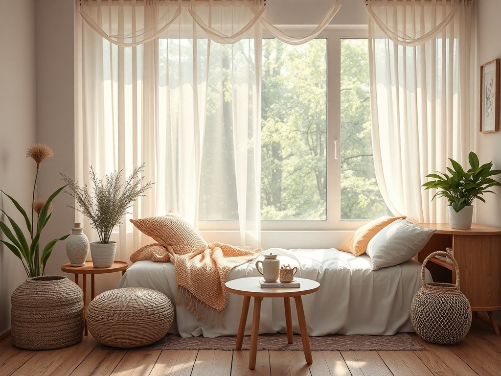 Комната с уютной спальней, большими окнами, растениями и светлыми шторами, создающая атмосферу спокойствия.