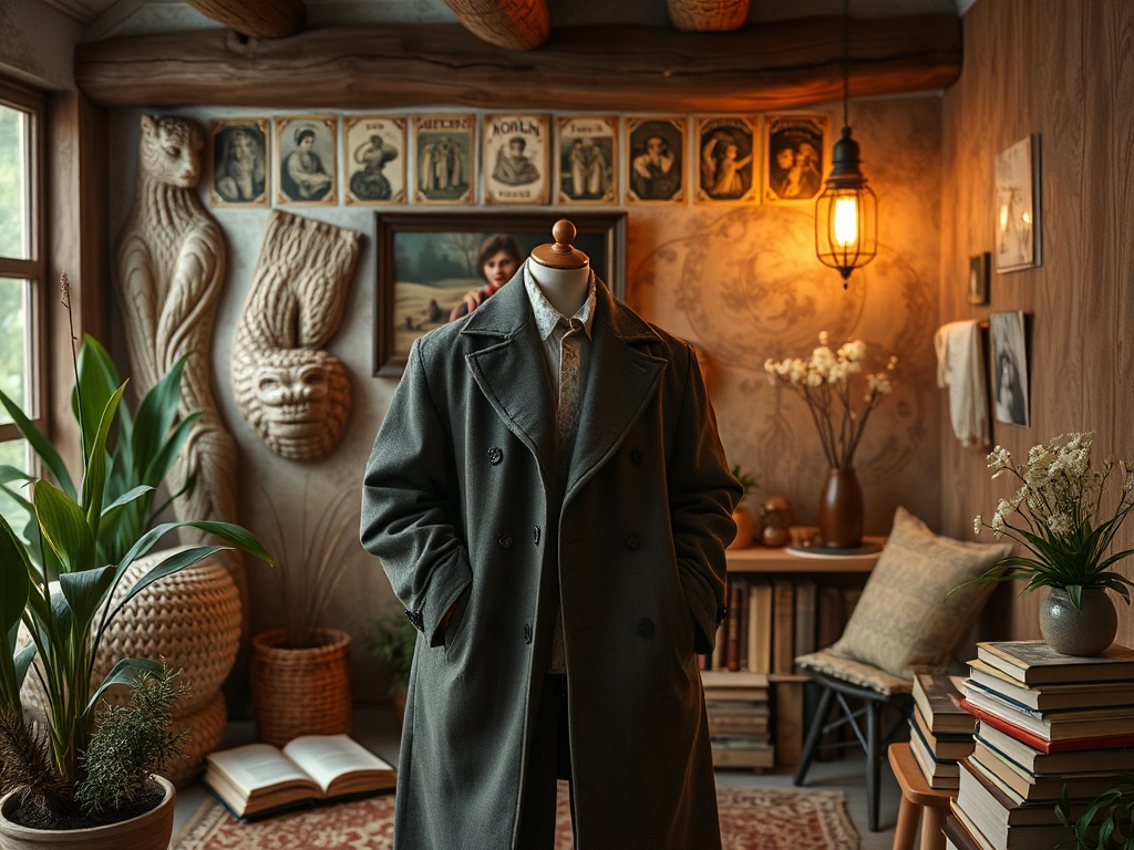 В уютной комнате стоит манекен в стильном пальто, вокруг книги и декоративные растения. На стенах картины и фотографии.