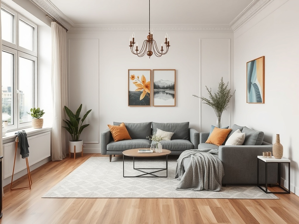 Светлая гостиная с серым диваном, деревянным полом и уютным декором, изображениями на стенах и растениями.