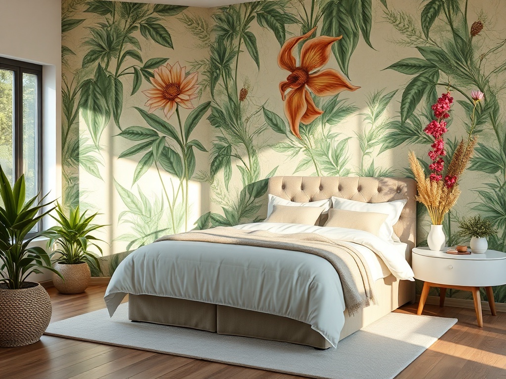 Современная спальня с растениями на стенах, уютной кроватью и стильным декором. Яркое и спокойное пространство.