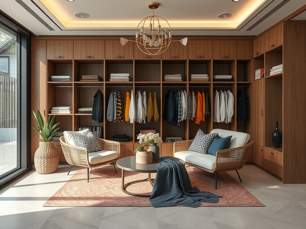Современный гардероб с уютными креслами, книгами и аккуратно развешенной одеждой. Светлое, стильное пространство.