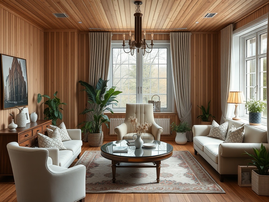 Уютная гостиная с деревянными стенами, мягкой мебелью и зелеными растениями у окон. Тёплый свет и стильный декор.