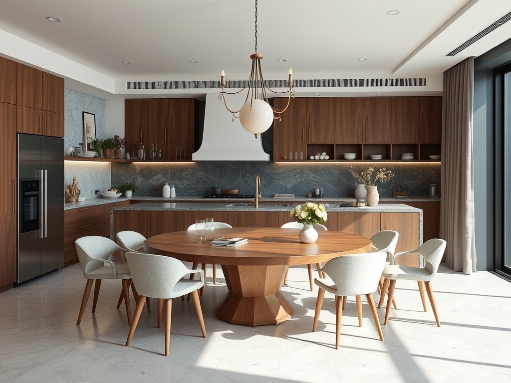 Современная кухня с деревянными шкафами, большим столом и стульями, освещенная естественным светом.